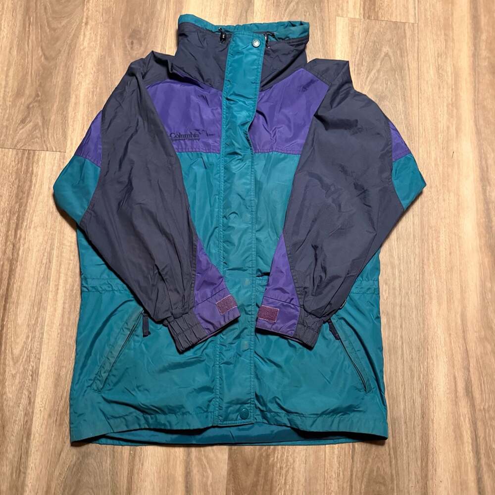 Vintage 90s Columbia Sportswear Teal and Purple Color Block Parka Ski Jacket